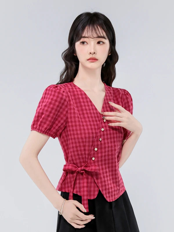 Summer New Women's Short Sleeve Shirt Dragon Fruit Color Checkered V-Neck Irregular  Knot Regular Shoulder Fit Cotton view 3