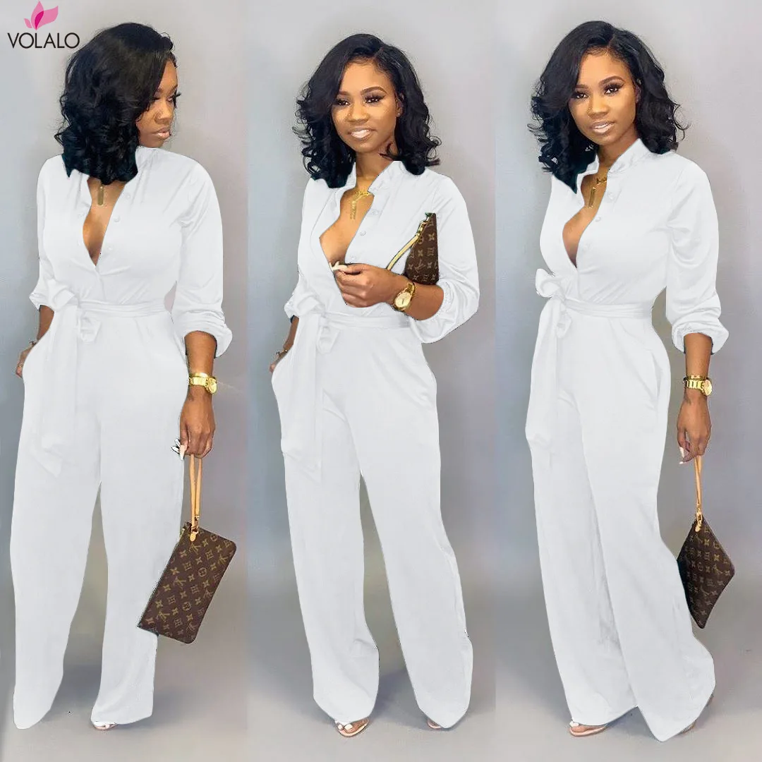 VOLALO 2024 New Arrival Office Lady Straight 2 Pcs Jumpsuits Chic Design Turn-down Collar Street Wear Rompers Overalls