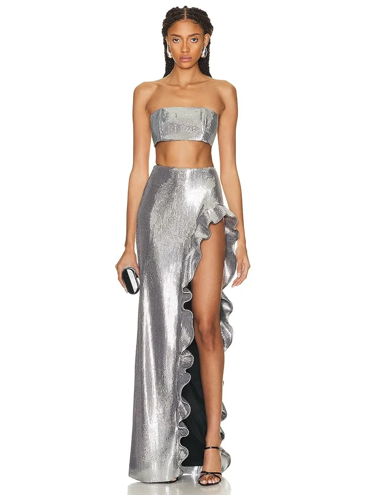 

BEVENCCEL 2023 New Summer Women Silver Sequins 2-Piece Set Sexy Strapless Short Top and Ruffled Side Split Long Skirt Shiny Set