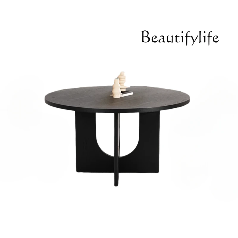 Wabi Sandy Wind Solid Wood Round Dining Table White Wax Wood Medieval Black Dining Table Small Unit Simple Dining Table