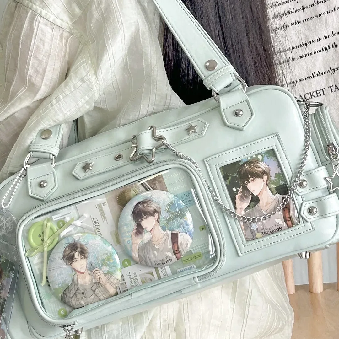 

Y2K Star Ita Bag Japanese Cool Girl Shoulder Bag Gothic Punk Crossbody Bag with Transparent Window Pin Board DIY Pins Display