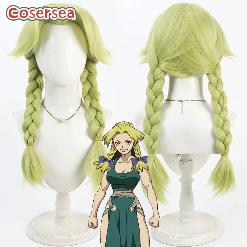 Cosersea Nikki Hanada تأثيري الباروكات Dr.Stone Nikki Hanada 60 سنتيمتر المرأة طويلة الضوء الأخضر شعر مستعار مضفر الشعر الاصطناعية مقاومة للحرارة