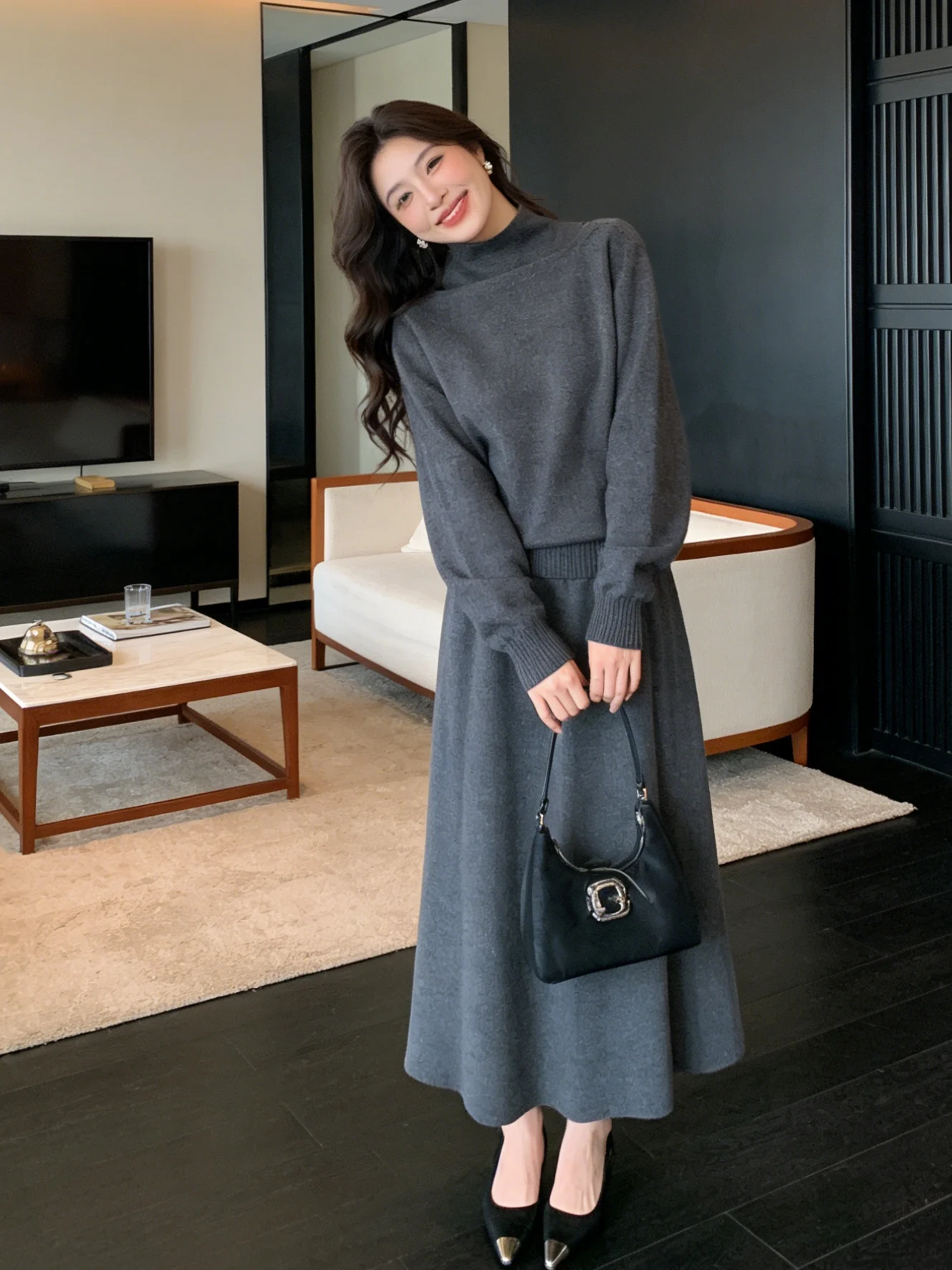 

Korean Sle Lazy High Collar Knitted Tee Piece Set Women Spring New Slimming Skirt Set Faionable Ensemble Casual Wear