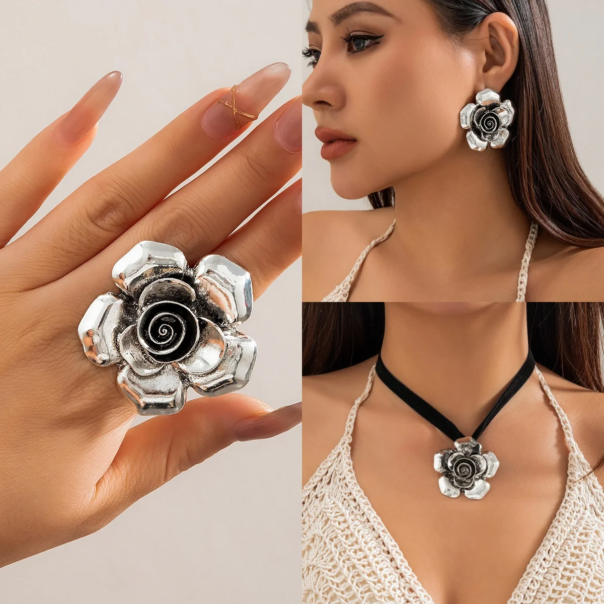 DIEZI Sweet Cool Big Silver Color Flower Rings For Women Punk Vintage Geometric Gold Silver Color Knuckle Joint Ring Jewelry Set