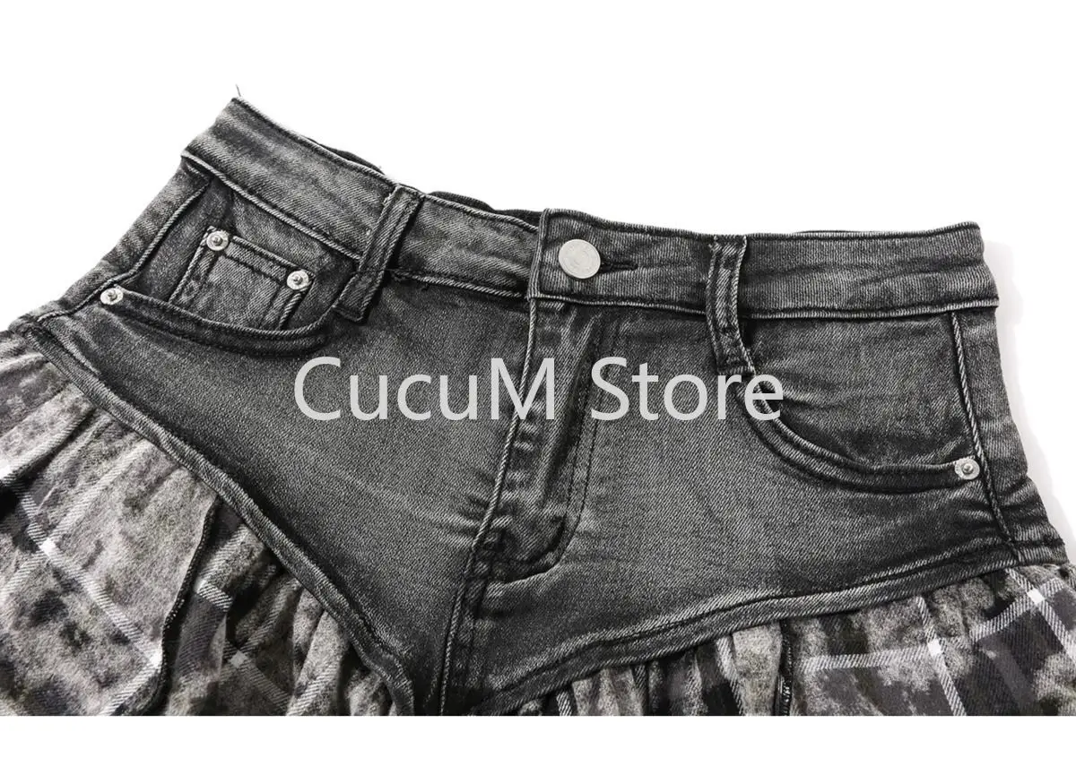 Rok Denim Splice wanita, musim panas 2000s Pedas gadis rok Denim wanita serbaguna kasual mode pinggang tinggi pelangsing A-line rok kotak-kotak pendek Chic