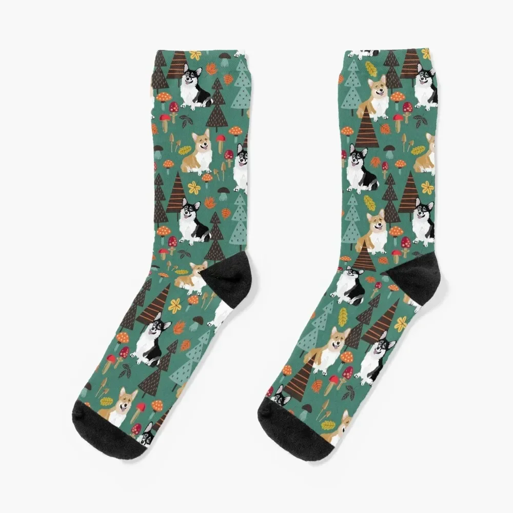 Corgis In Fall Forest - Dark Teal Socks Toe sports summer hockey Luxury Woman Socks Men's