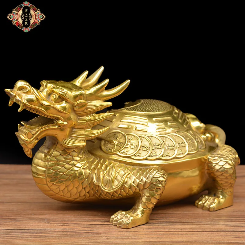 Large brass dragon turtle ornament, featuring the Eight Trigrams, for home decor