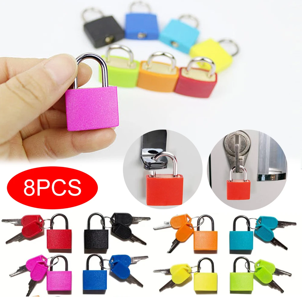 1-8pcs Mini Zinc Alloy Luggage Padlock for Travels School Dormitory Drawer Locker Colorful Plastic Zipper Lock with 2 Keys