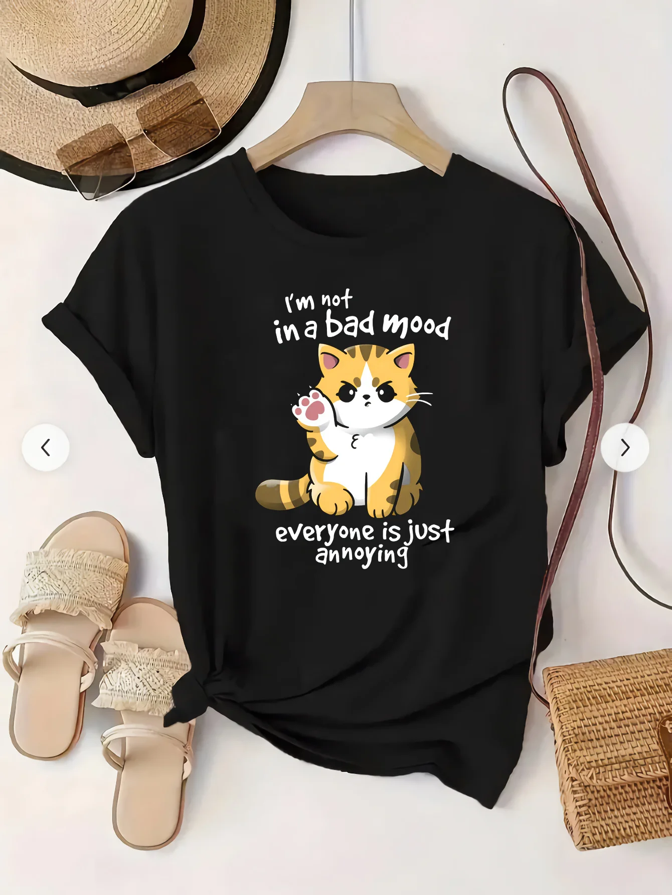 2025 Cute Cat Print T-Shirt Im Not in A Bad Mood Humorous Graphic Tee Slight Stretch Sleeve Round Neck Top Womens Casual Clothes