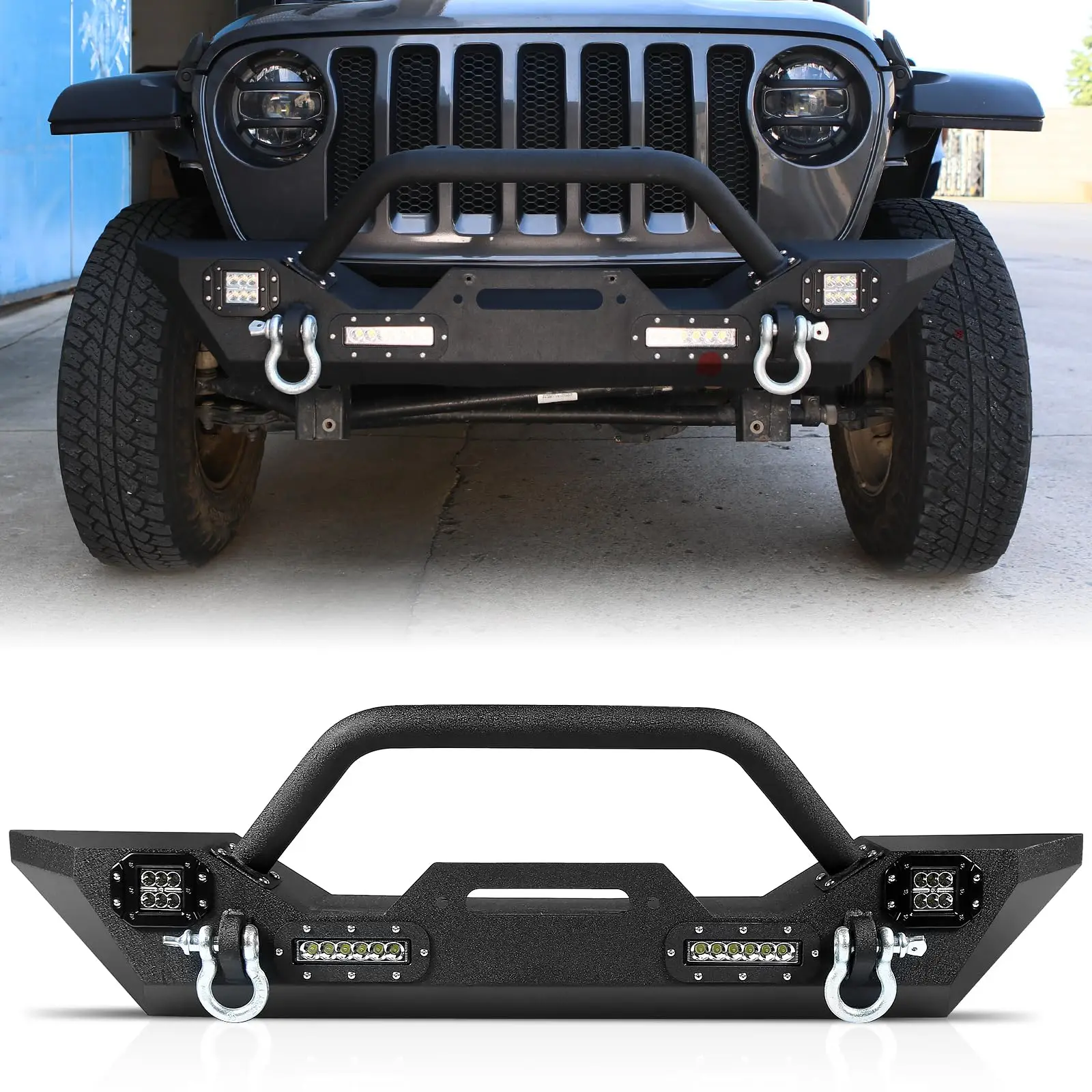 Front Bumper For Jeep Wrangler JK JL 07-24 Gladiator JT 20-23 Off Road Heavy Duty Steel Bumper 4 LED Lights 2 D-Ring Winch Plate