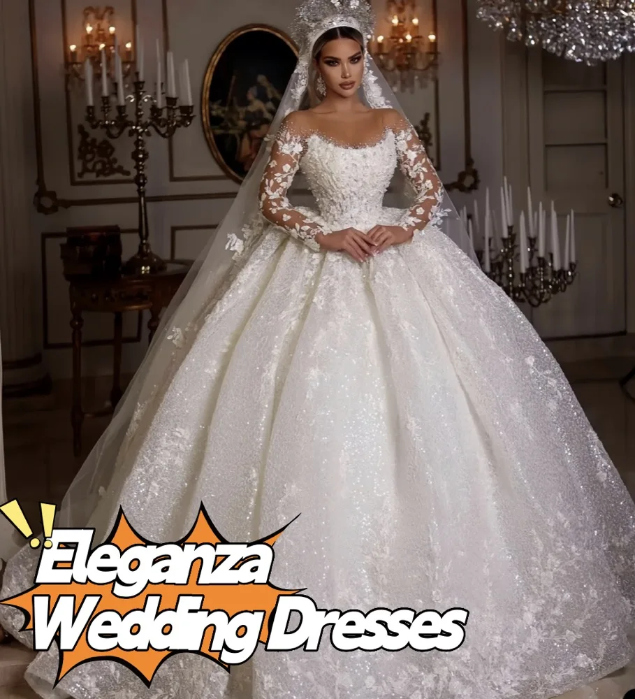 فساتين زفاف أنيقة مخصصة بأكمام طويلة وخرز ترتر ورقبة شفافة مزينة بريق تول فساتين العروس