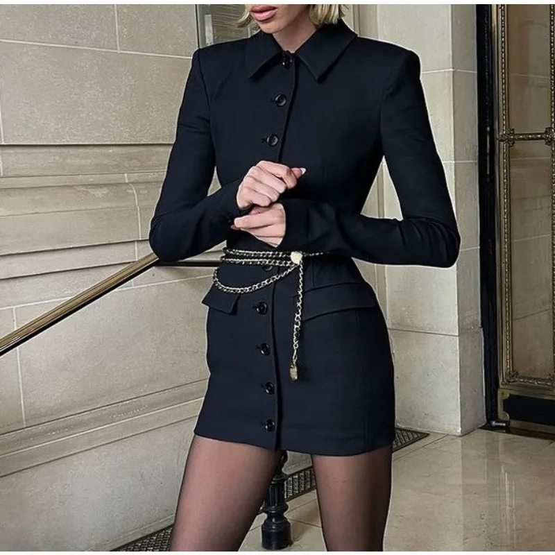 

2026 New Lapel Long-sleeved Cardigan Tight Short Hip-wrapped Dress Street Trend Black Shirt Skirt