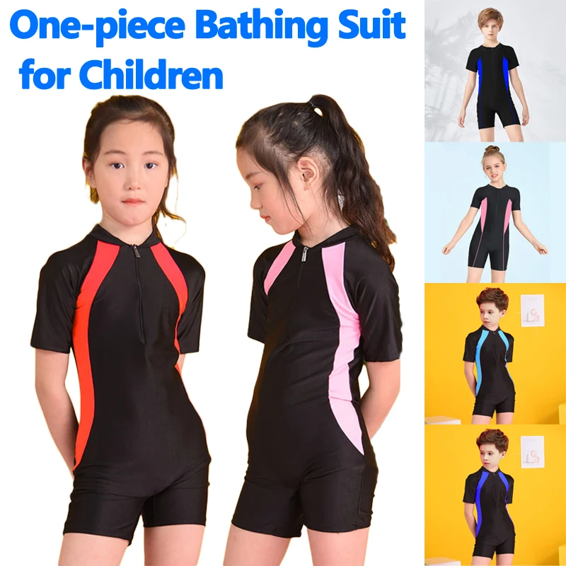 Children's One-piece Swimsuit Boy Girl Sunscreen Zipper Swimwear Color Matching Short Sleeve Shorty Swimming Suit