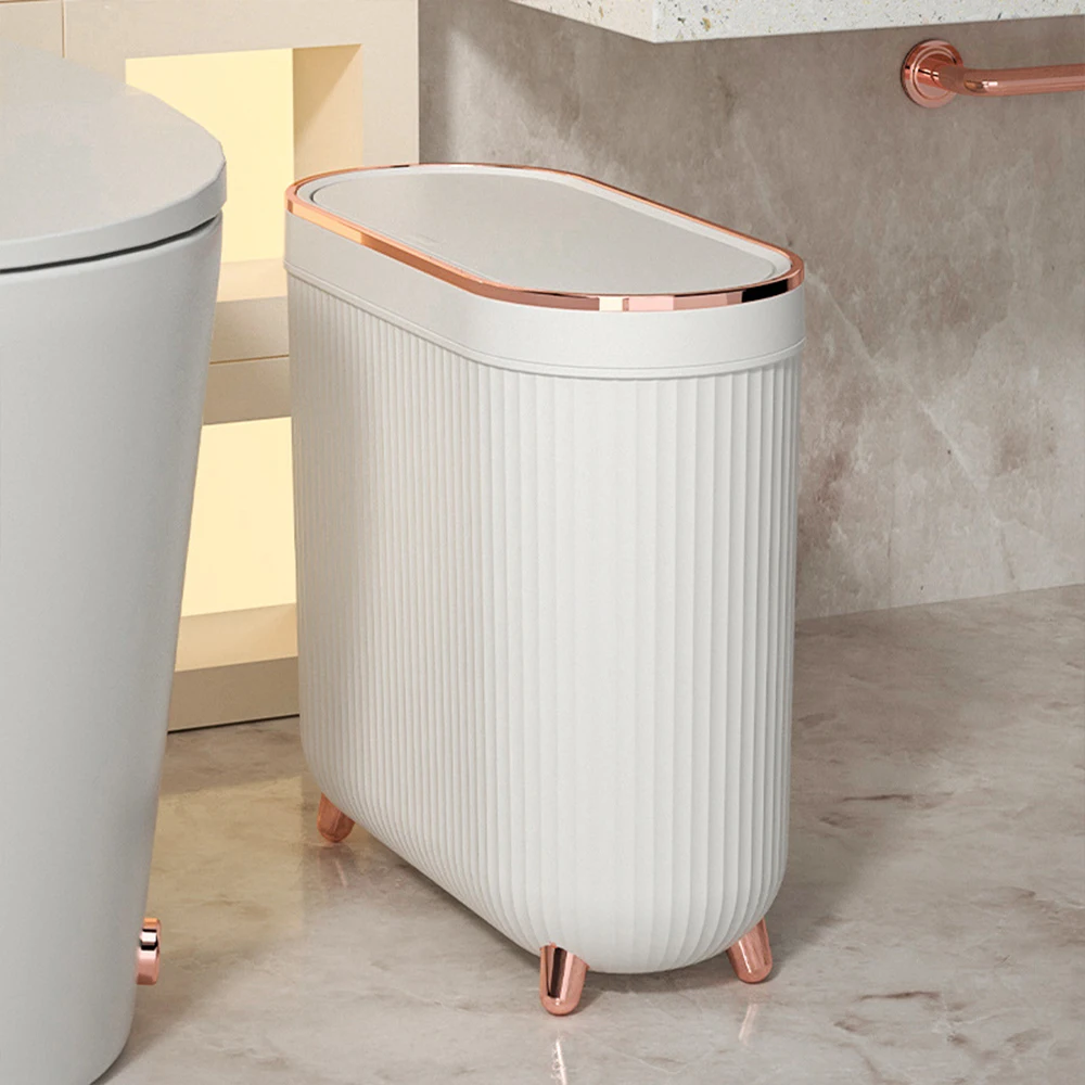 12L Rose Gold Press Trash Can with Lid Light Luxury Bathroom Wastebasket Narrow Garbage Can Waterproof Dustbin with Foot New