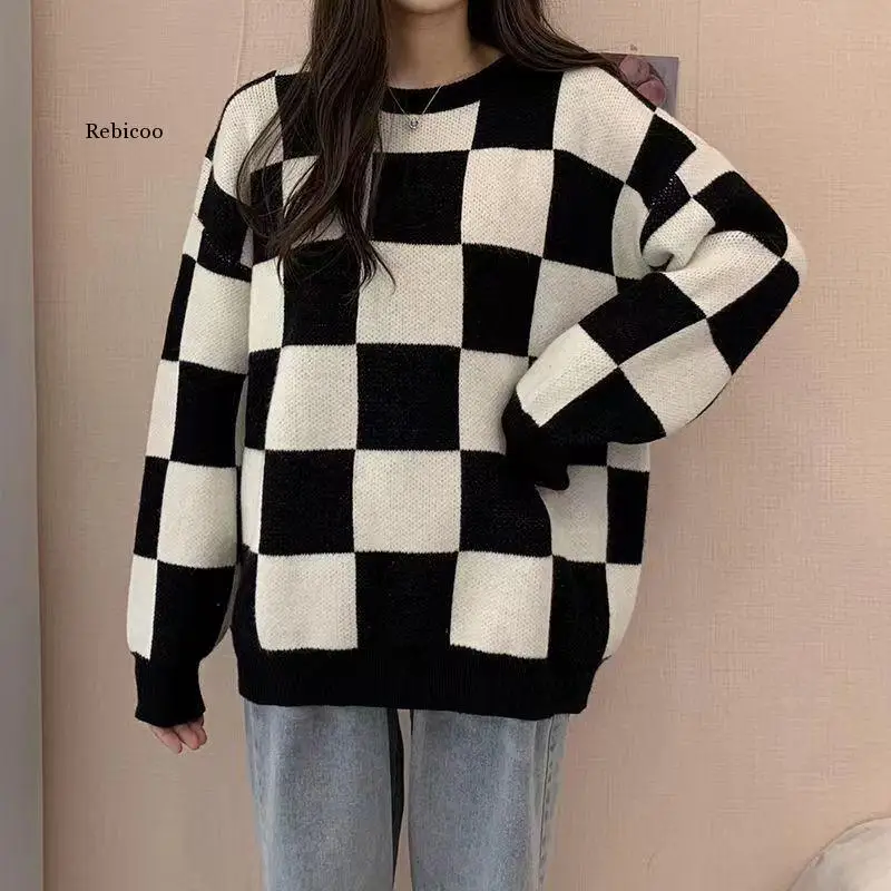 

Autumn Winter Sweater Women Korean Fashion Plaid O-Neck Pullovers Streetwear Oversized Sweate Jumper Warm Long Sleeve Top