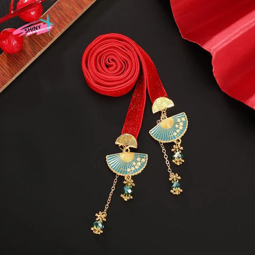 

Tassel Satin Red Long Headband Bell Butterfly New Year Hair Rope Flower Ancient Hairband Girls Ribbon Head Rope Winter