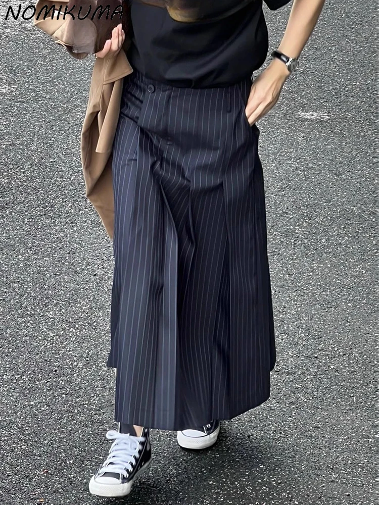 

Nomikuma Korean Chic Summer Retro College Style High Waisted Versatile A-line Vertical Stripe Pleated Long Skirt for Women