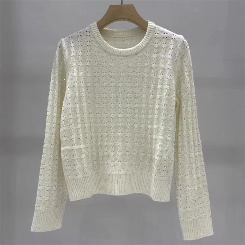 

Women's sweater New elastic knitted slim fit pullover for autumn 2025 Sequin blended round neck long sleeved top Casual Knitwear