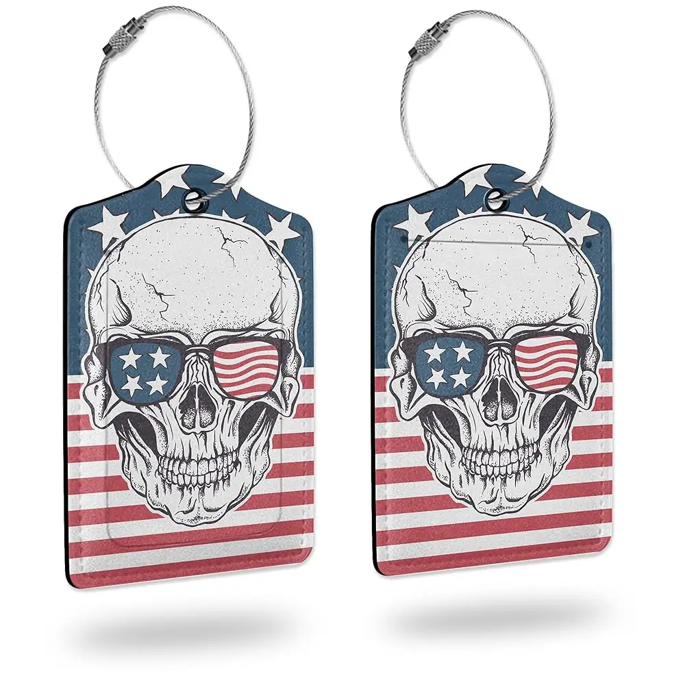 

Набор из 2 багажных бирок для чемоданов, бирка для багажа с американским флагом и черепом, кожаная бирка с петлей из нержавеющей стали для женщин, мужчин и девочек