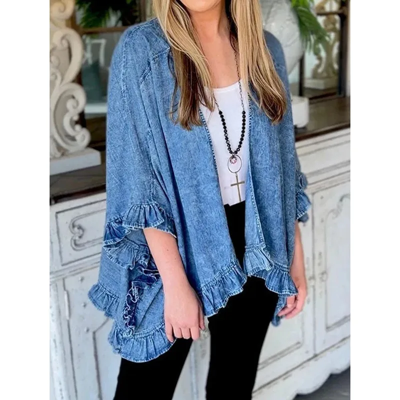 Women Plus Size Denim Jacket Splicing Pocket Ruffle 3/4 Sleeves Loose Irregular Hem Washed Summer Vintage Female Cardigans