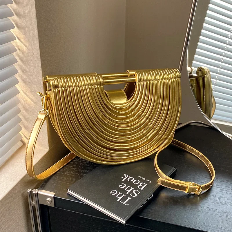 

2025 New Gold Luxury Designer Handwoven Noodle Handbags for Women Trendy Rope Knotted Pulled Half Moon Evening Clutch Hot Sell