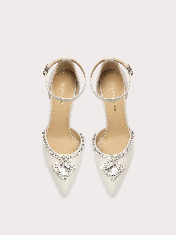 Summer new pointed toe leather rhinestone low-heeled wedding shoes thin high-heeled banquet large size small size women's sandal