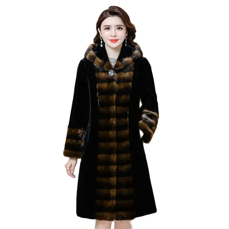 

Haining Faux Tur Hooded Long Mink Fur Temperament Coat 2023 Winter Ladies New Loose Fashion Warm Casual Coat Female Tide 5XL.