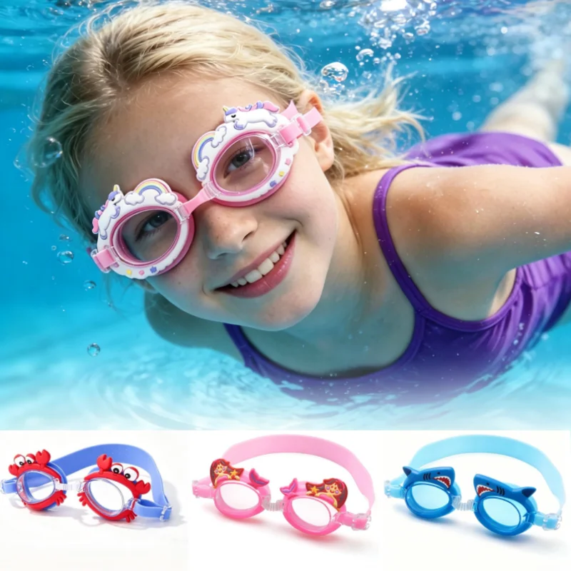 1PC Swimming Goggles, Cute Cartoon Waterproof and Anti-fog Flat Light Diving, Toddler Goggles No Hair Pull