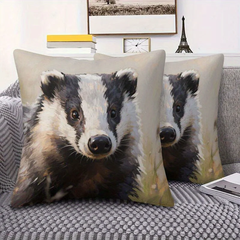 Cute Badger Portrait Throw Pillow Cover Animal Oil Painting Style Print Decorative Cushion Cover for Wildlife Lovers Home Decor