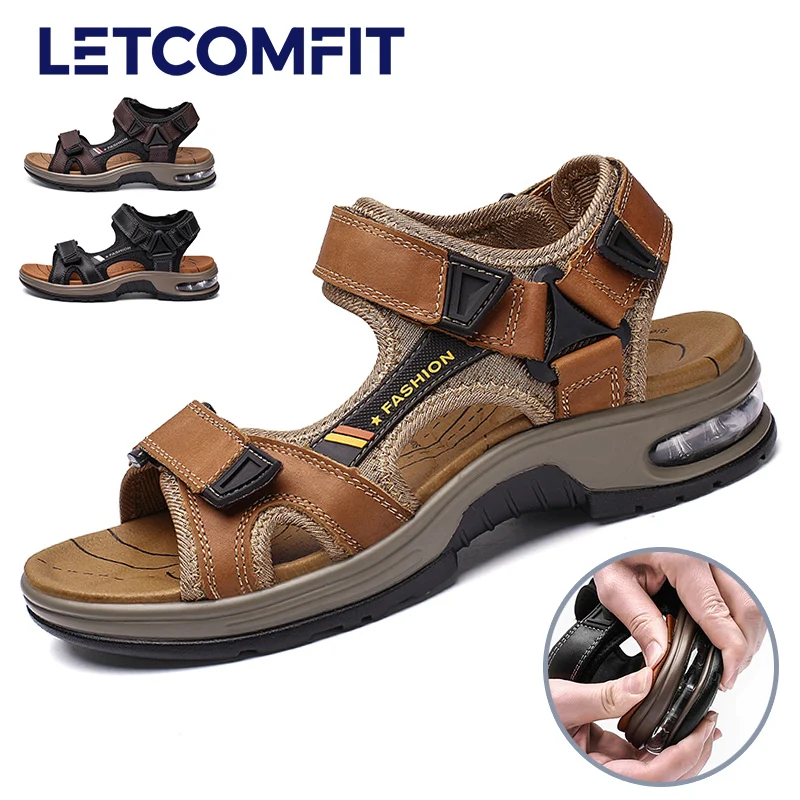 

LETCOMFIT Non-slip Quick-drying Men's Closed Toe Sports Sandals Plus Size Comfort Leather Slides Casual Dual Purpose Beach Shoes