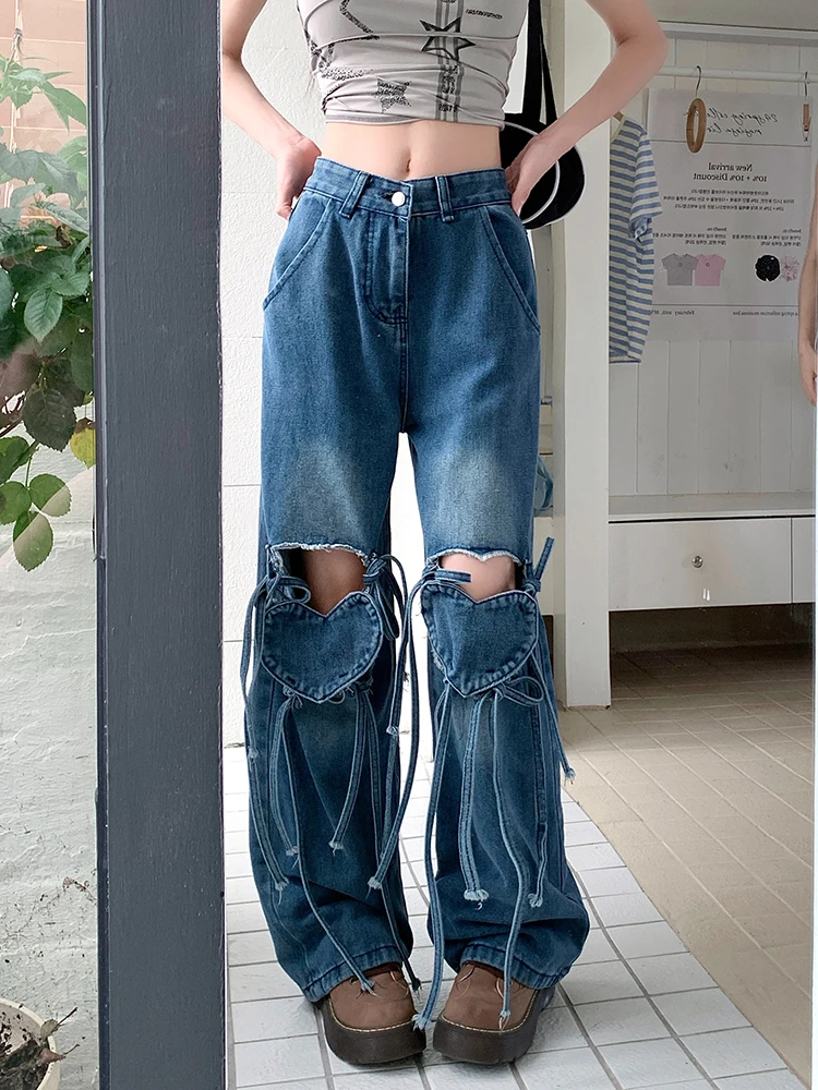 WCFCX STUDIO Women Love Strap Jeans High Waist Loose Wide Leg Pants Hollow Denim Trousers Y2k Streetwear Floor Mopping Jeans