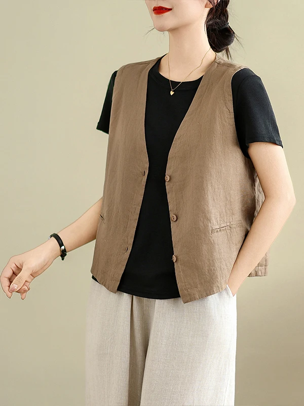 

Льняной жилет в японском стиле в стиле ретро, женский летний модный свободный хлопковый льняной топ с v-образным вырезом, универсальный топ для поездок на работу