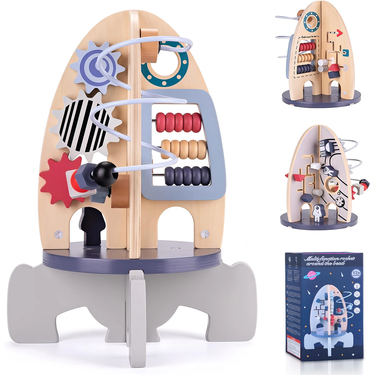 宇宙をテーマにした木製キューブおもちゃ、3～6ヶ月の赤ちゃん向けボードトイ（ロケット）