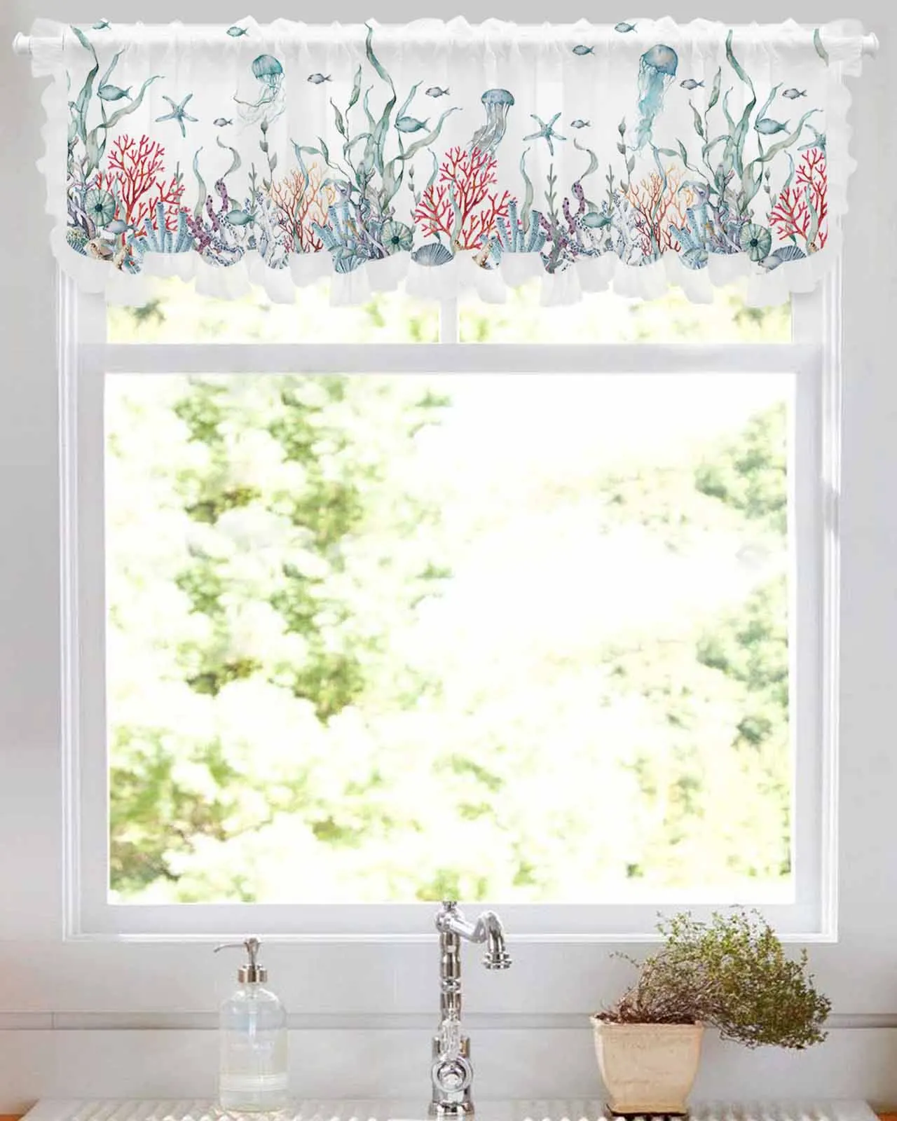 Marine Corals Seaweed Shells Starfish Short Tulle Half Curtains for Living Room Kitchen Door Cafe Window Sheer Valance Drapes