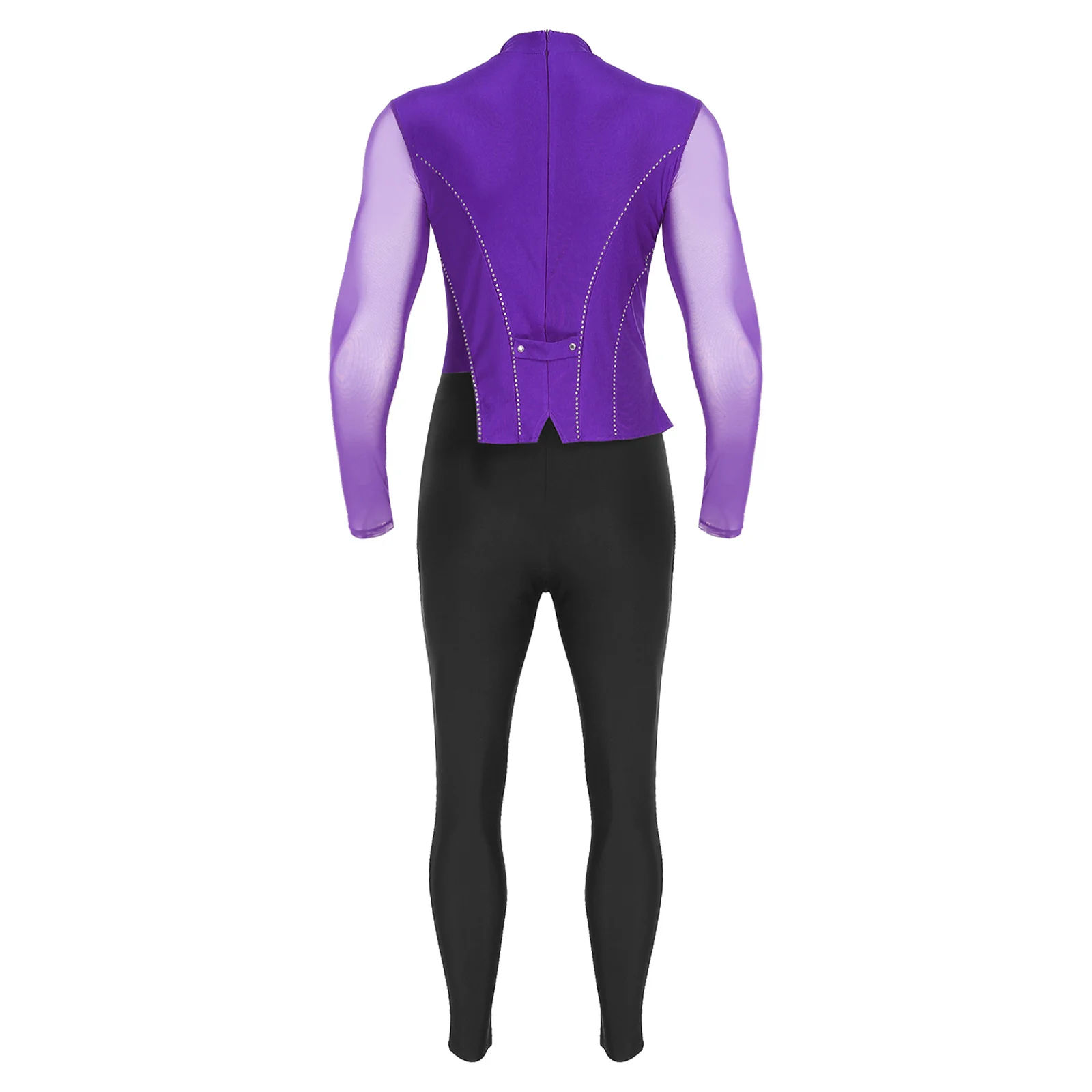 ชุดจั๊มสูทเต้นรำแบบไม่สมมาตรสำหรับผู้ชาย แขนยาว ประดับคริสตัล ผ้าตาข่าย สำหรับการแสดงสเก็ตน้ำแข็ง การแสดงบนเวที และยิมนาสติก