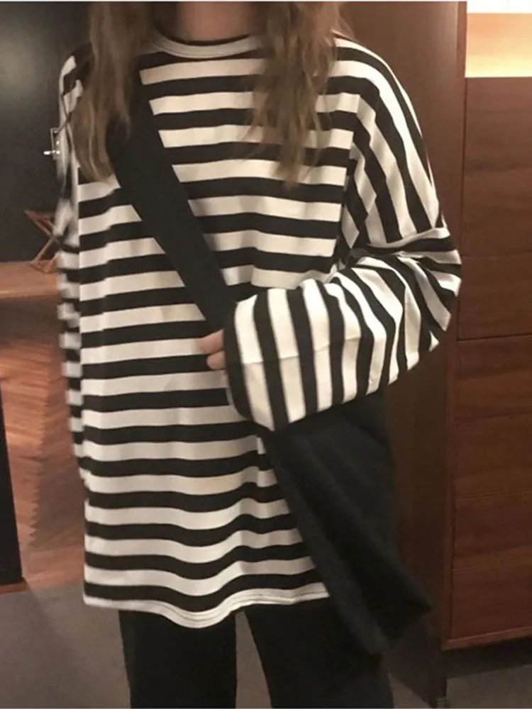 

spring Autumn Women harajuku Striped Tshirt Long Sleeve O-Neck T-Shirts ulzzang Korean Casual T Shirt Femme black Tops