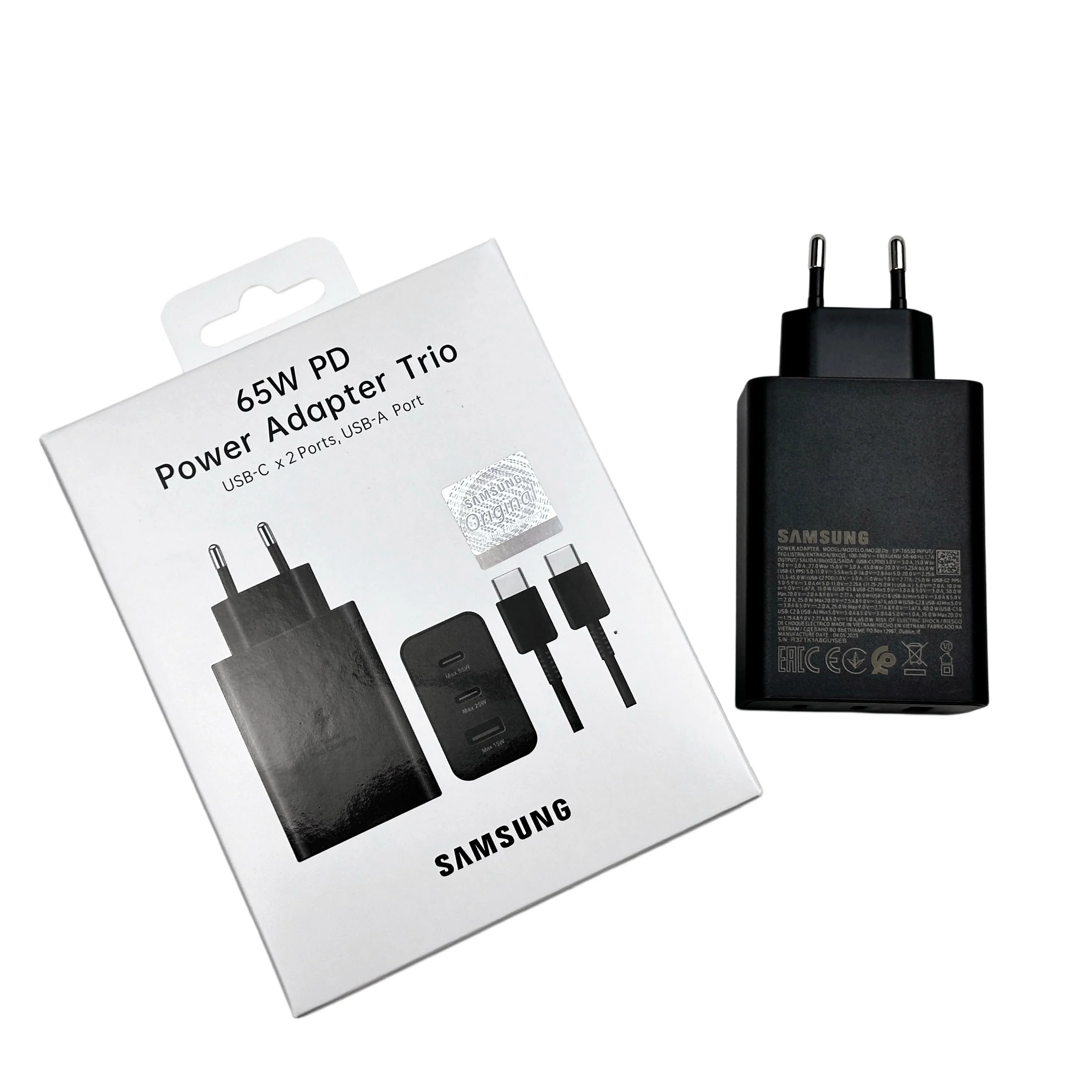 Оригинальное зарядное устройство Samsung 65W (ЕС) с 3 портами для сверхбыстрой зарядки Samsung Galaxy S26 S25 Ultra Plus S24 S23 S22 Z Flip A56, кабель 5A