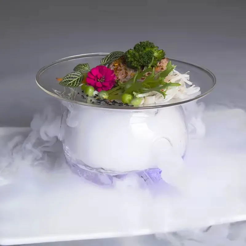 Dry Ice Glass Tray With 3 Holes Creative Kitchen Tableware Cooking Hollowware Artistic Conception Dishes Plates Fruit Salad Bowl