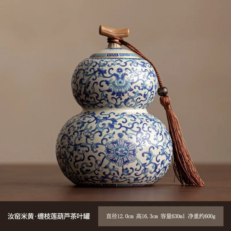 Chinese Style Ru Kiln Gourd Shaped Ceramic Tea Canister Interlocking Lotus Pattern Airtight Storage Jar Retro Tassel Decor Lucky