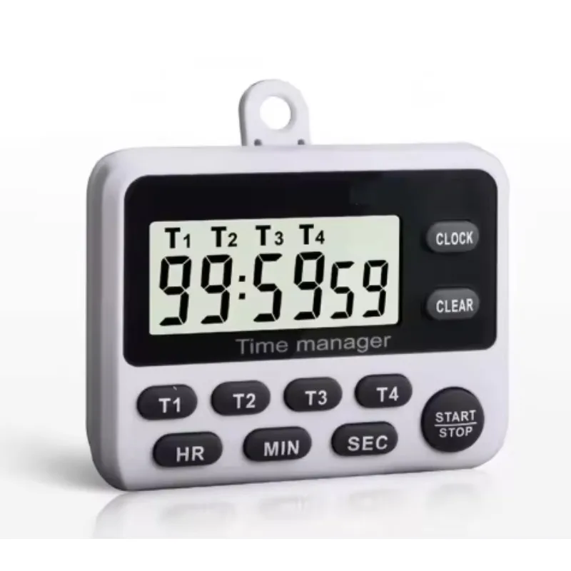 digital timer with alarm clock 4 channels for use in kitchen laboratory classrooms with measuring and analytical instruments