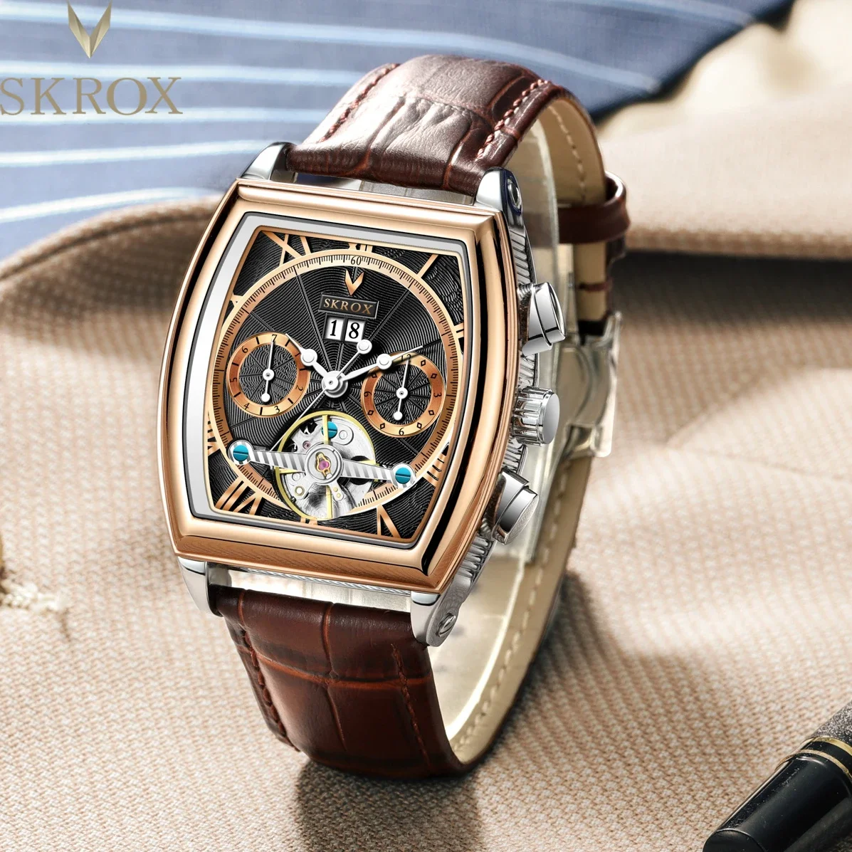 SKROX Original Luxury Replica Tourbillon Multifunctional Mechanical Automatic Movement Leather Square Men's Watch Man WristWatch