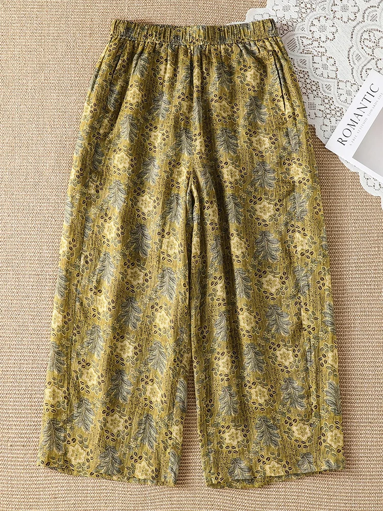 Elegant Vintage Yellow Floral Print Wide Leg Pants Women's Summer Thin Elastic Waist Slimming Casual Nine-Piece Pants