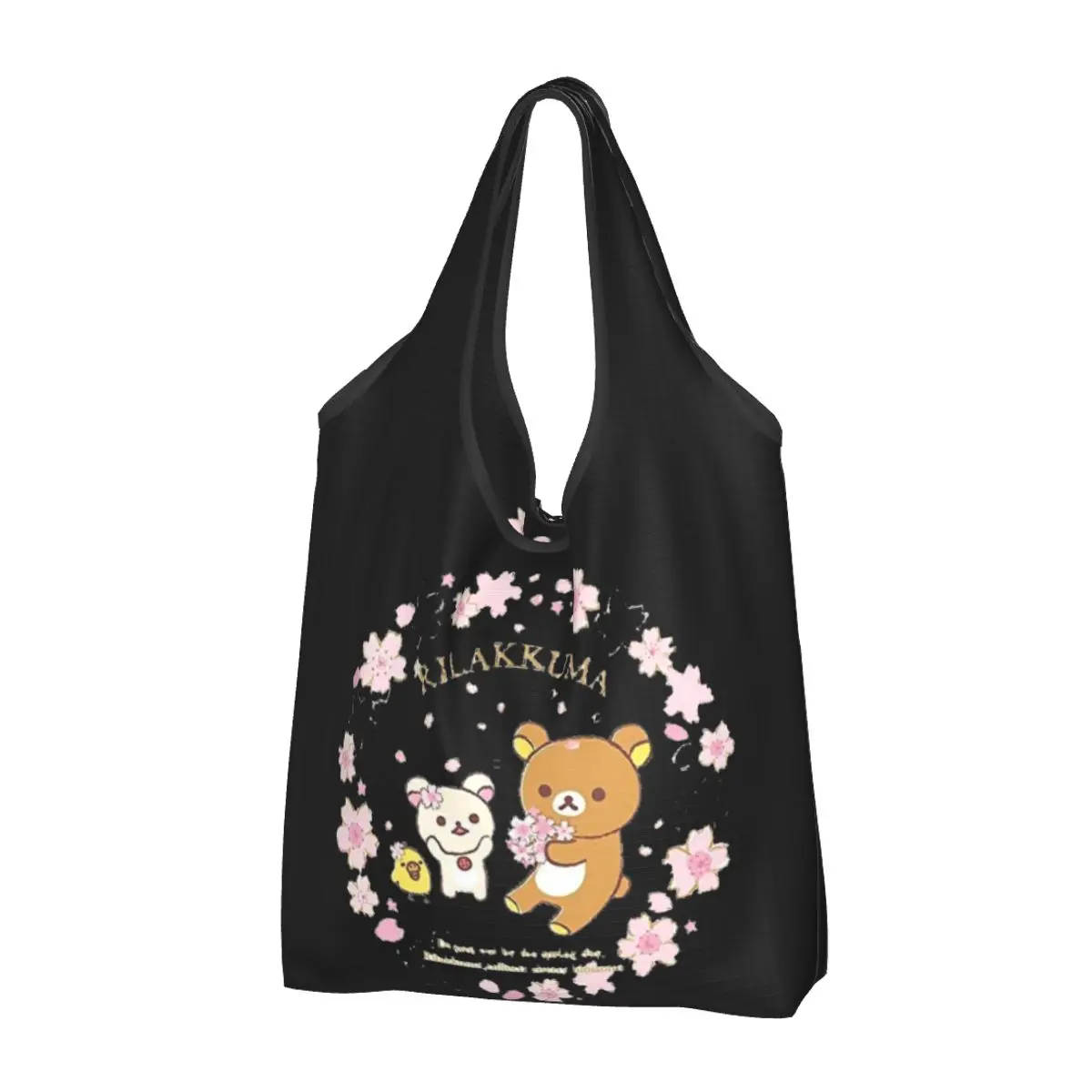 Reusable Rilakkuma Sakura Cherry Blossom Grocery Bags Foldable Machine Shopping Bags Large Eco Storage Bag Attached Pouch