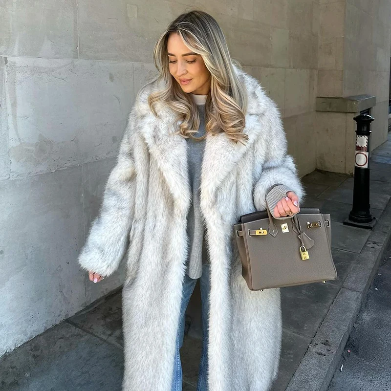 Neo Mint Slouchy Chic Gradient Long Eco Faux Fur Coat Women Winter Thick Warm Fluffy Fox Fur Jacket Brand Fashion Girls Overcoat
