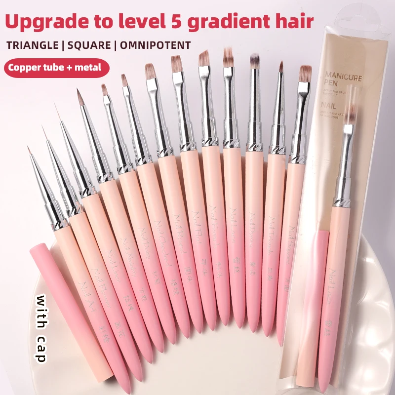 13Style Pink Gradient Handle Nail Art Brushes for Manicure Lines Painting UV Gel Extension Builder Pen Drawing Tool