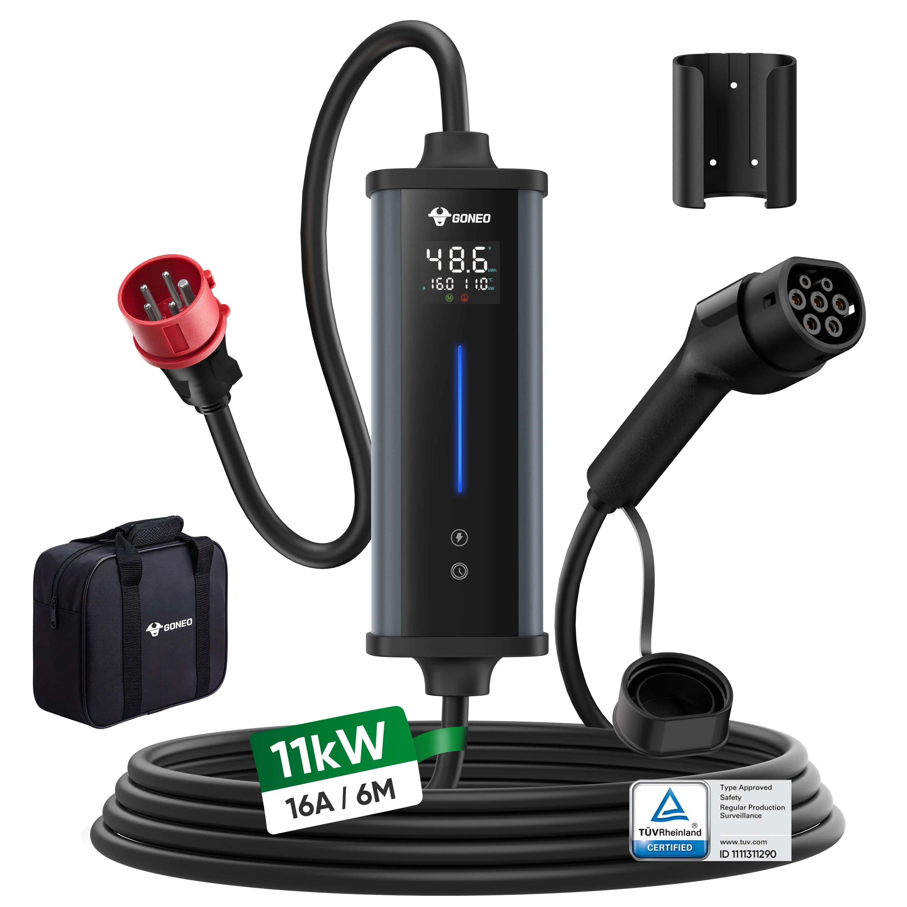 GONEO Tragbare 11kW Wallbox Typ 2 mit CEE Stecker, 16A 3 Phasige Ladestation für Elektroautos, Einstellbarer Ladestrom, FI-Schutz, IP66