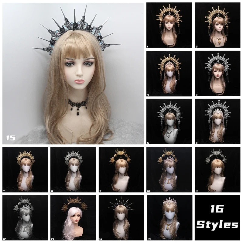 Unfinished Gothic Lolita Baroque Cross Goddess Crown Headband Cosplay Gorgeous Vintage Baroque Tiara DIY Princess Headpieces