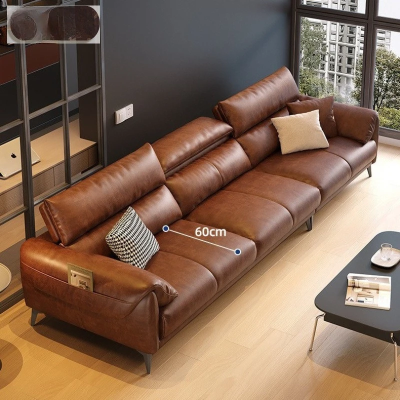 Minimalist light luxury first-layer cowhide sofa straight row living room modern simple new oil wax leather