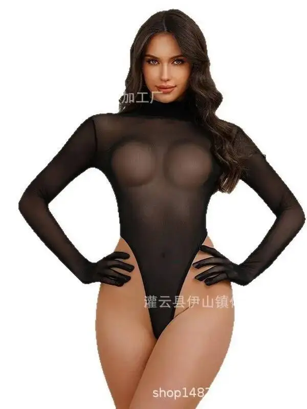 ملابس داخلية شفافة شبكية شفافة مثيرة بأكمام طويلة مع أرجل مرقعة وأزرار مخفية ملابس داخلية شفافة NG6X