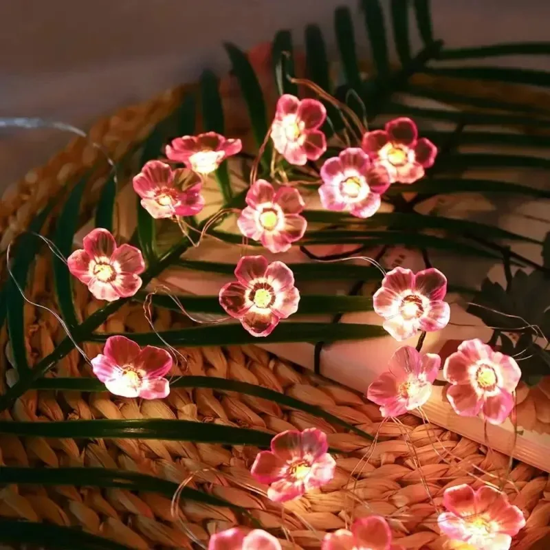 Cherry Blossom Fairy Lights 20LED Flower Battery Powered String, Warm Glow Indoor Decor for Bedroom Wedding Party Home